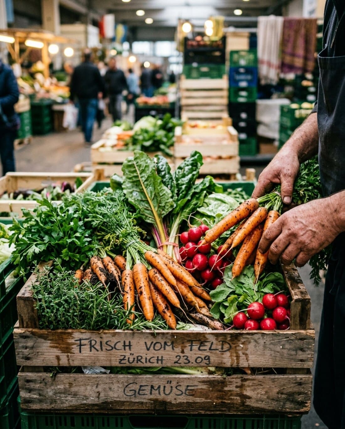 Frische Karotten, Radieschen und Kräuter in der Holzkiste am Zürcher Engros-Markt